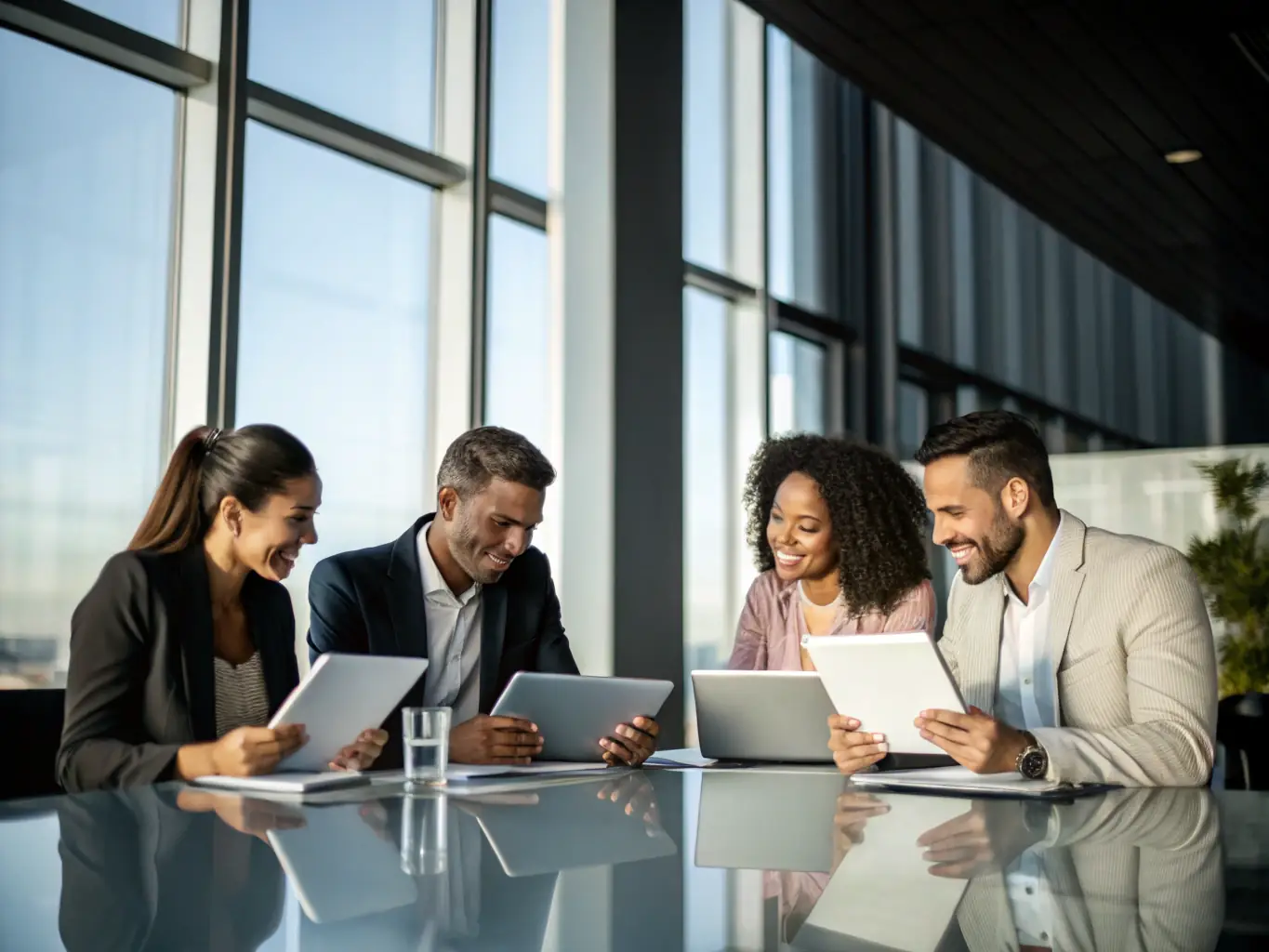 A diverse group of professionals collaborating in a modern office setting, reviewing data and discussing strategies for hemp-derived beverage production and market trends.