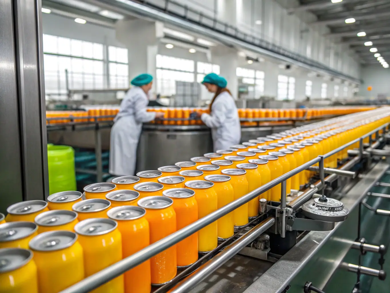 A photograph showcasing a clean and organized beverage production line, highlighting the meticulous attention to detail and adherence to hygiene protocols.