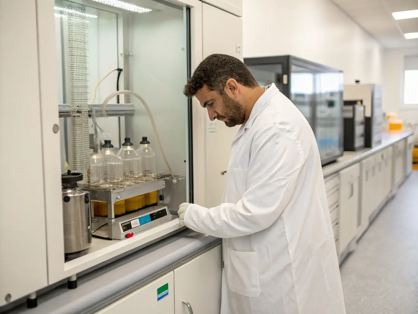 A close-up shot of a lab technician in a sterile environment, meticulously testing a sample of hemp-derived beverage for quality and consistency, using advanced analytical equipment.