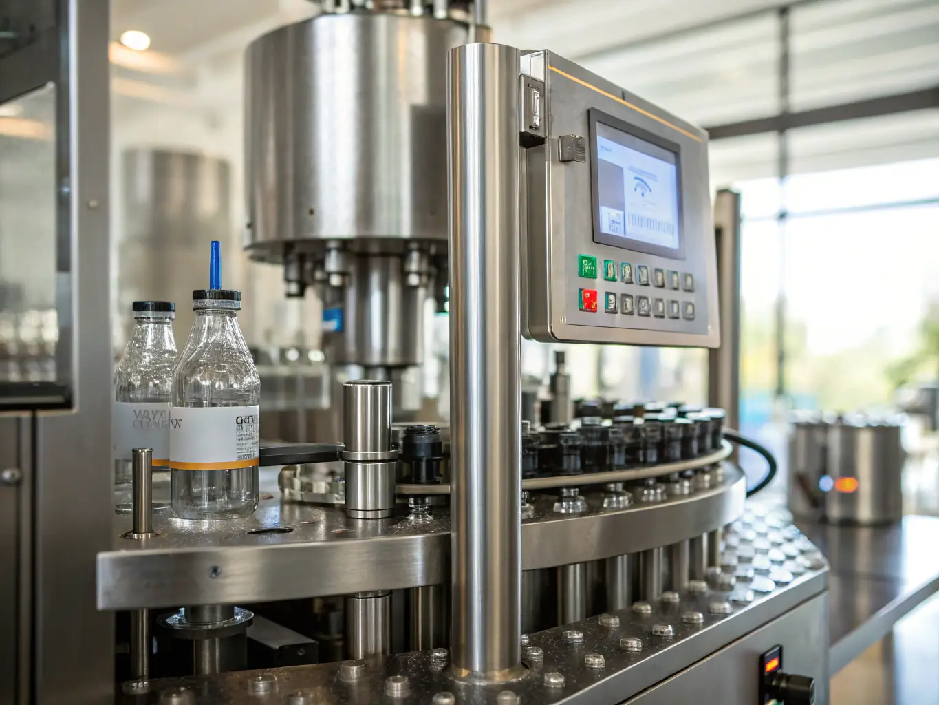 A photograph of a state-of-the-art beverage production facility with advanced equipment and technicians in sterile environments, highlighting the precision and technology involved.