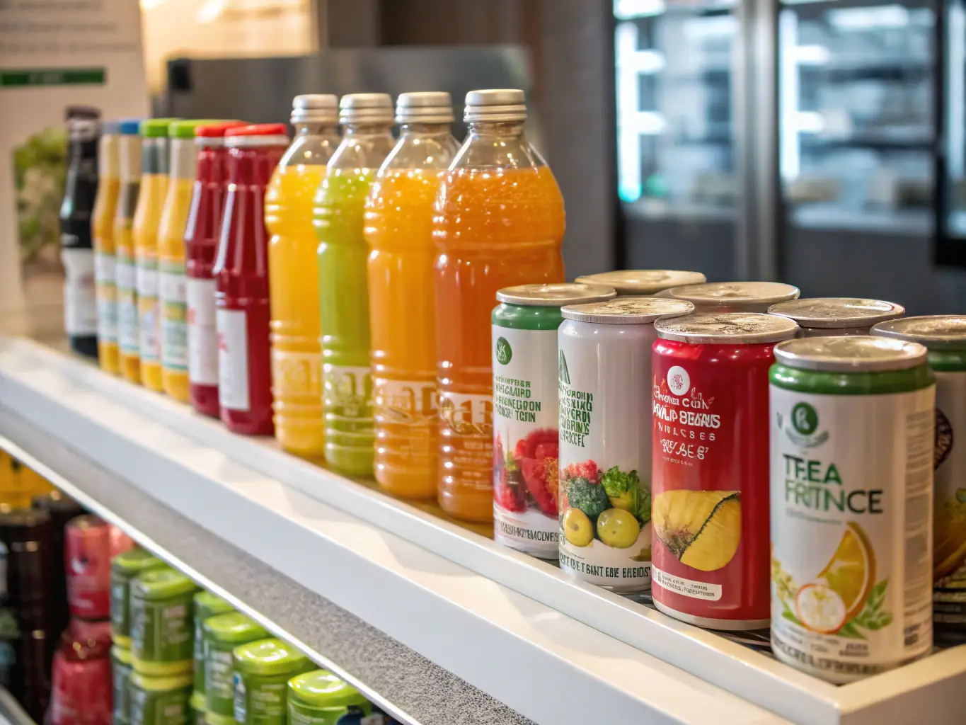 A high-quality photograph showcasing a variety of precisely labeled and packaged hemp-derived beverages ready for retail, emphasizing the professional appearance and compliance.